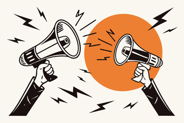 Megaphones, hands holding loudspeakers, orange circle background, black and white contrast, lightning bolts, scratched texture, dramatic announcement, activism concept, powerful communication, graphic