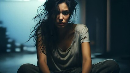 Video of distressed woman with disheveled hair sits in a dimly lit room, wearing a tattered shirt, evoking emotions of despair and struggle. Concept of depression