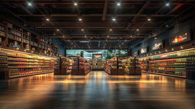 Modern supermarket interior with organized aisles and warm lighting