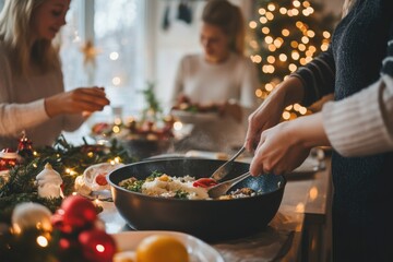 A gathering of people enjoying a meal together, ideal for use in scenes depicting social events or everyday life