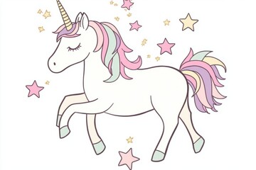 Fototapeta premium Colorful cartoon unicorn with stars and pastel mane