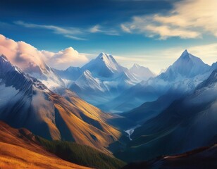 stunning panoramic mountain landscape with snow capped peaks and clouds majestic nature scene