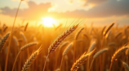 Obraz premium Wheat field with sun setting in the background