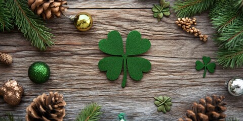 Fototapeta premium st patricks day decor, close-up picture of a green shamrock surrounded by decorations on a wooden background, creating a festive atmosphere