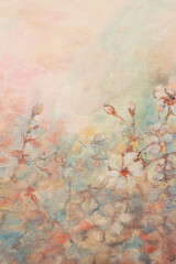 Art oil, Acrylic, pastel smear flower meadow blot hand drawn painting landscape . Abstract smoke canvas texture color stain brush stroke background.