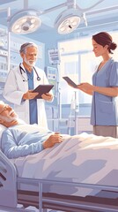 Cartoon-style illustration depicting a doctor with medical instruments in hand standing next to the bed of an elderly patient who is lying on their back