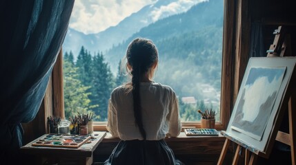 Remote Worker in Mountain Cabin with Snow-Capped Peaks View - Serene and Invigorating Landscape for Digital Nomad
