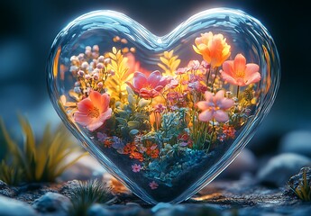 Glass Heart with Flowers Inside, a Delicate Expression of Love and Beauty.

