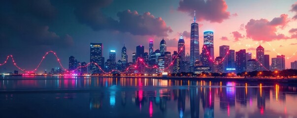 Obraz premium Abstract cityscape skyline with stock market graph overlay, data, investment banking
