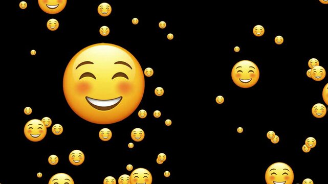 A swarm of smiley face emojis with smiling eyes floating on a black backdrop, colorful and joyful animation for creative designs