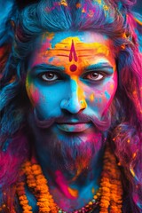 Fototapeta premium Colorful painted face of young asian male with vibrant festival holi colors