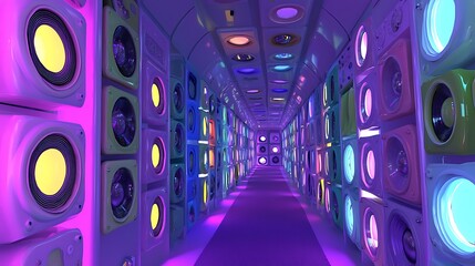 Colorful speaker tunnel, vibrant lights, futuristic interior, audio experience