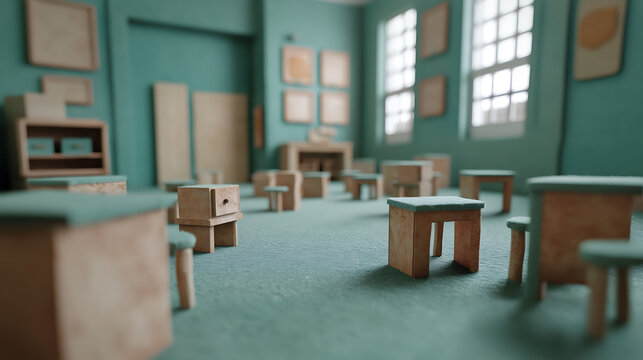 Empty Classroom with Wooden Desks

