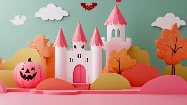 Colorful Cartoon Castle Illustration with Princess and Tower in Fairy Tale Landscape