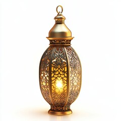 A single ornate golden lantern lit up and glowing isolated on white 
