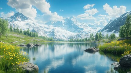 Fototapeta premium Serene alpine lake reflecting snow-capped mountains under a bright blue sky.