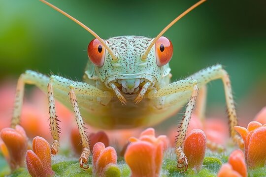 A close-up shot of a grasshopper sitting on a colorful flower