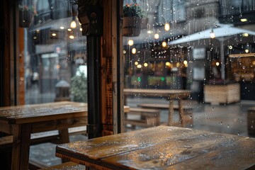 Rainy cafe window view with outdoor seating and street lights in urban setting