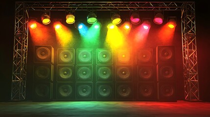 Colorful stage lights illuminate concert speakers