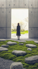 Serene zen garden with minimalist garden feature