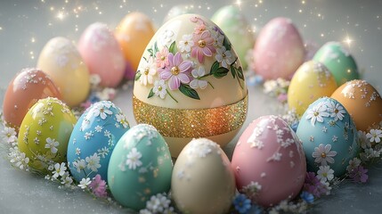 Obraz premium Decorative floral easter eggs surrounded by sparkling pastel colors