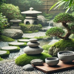 Japanese Zen Garden - Traditional Modern Aesthetics - Dry, Stone, Tea, Zen - Gravel Sand with Lanterns, Pond, Moss Stones, Bonsai, Streams, Stones - Buddhism Garden Meditation Prayer Shrine Temple