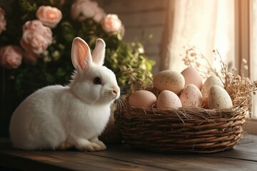 White rabbit next to a basket of Easter eggs with flowers in background