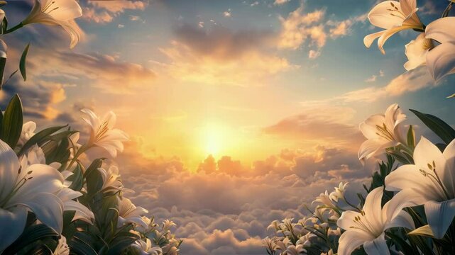 Funeral Mockup Background with Empty Space for Text, Sunset Sky, and Lilies