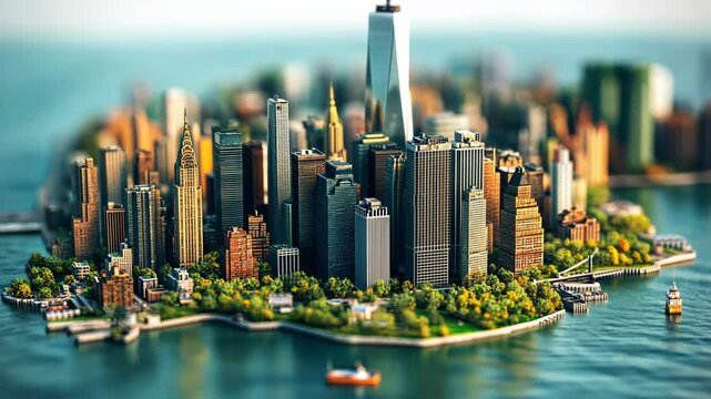 Colorful Cartoon City Skyline and Skyscrapers in Miniature Animation of Chicago Shanghai and Hong Kong