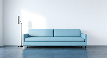 An empty modern bright room, with a floor lamp and a light blue sofa in front of a white wall with copy space