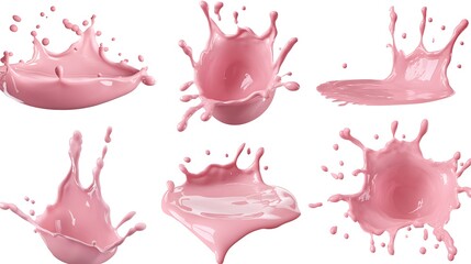 Set of splashes of pink milky liquids similar to smoothie yogurt or cream isolated on white background
