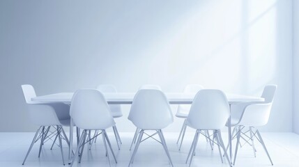 Minimalist white conference room with modern chairs and sunlit walls