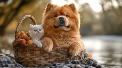 A dog and a cat sitting together in a basket with apples, set by a serene water backdrop.