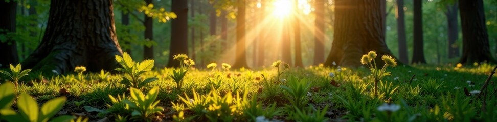 Obraz premium Deep shadows and golden light interplay amongst new spring growth in a forest , flora, environment