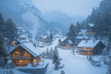 Village alpin idyllique en hiver avec toits enneig&eacute;s et fum&eacute;e des chemin&eacute;es.