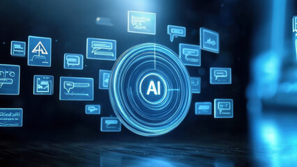 Futuristic computer with AI agents projecting a holographic interface