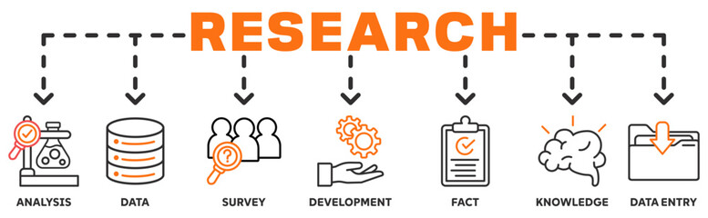 Fototapeta premium Research banner web icon vector illustration concept with icon of analysis, data, survey, development, fact, knowledge, data entry 