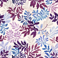 Artistic background design with a soft light colored base, featuring intricate swirling patterns. Bright purple leaves