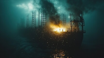 Obraz premium A dramatic scene of an industrial ship emitting smoke and flames in a foggy environment.
