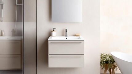 Compact floating vanity with modular storage compartments, practical for urban bathrooms