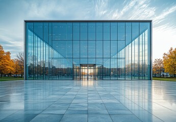 Fototapeta premium Modern glass building reflecting the sky surrounded by autumn trees
