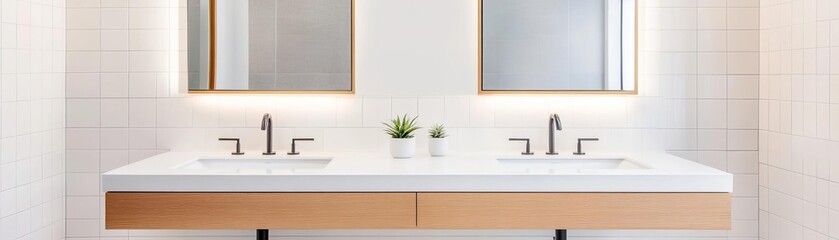 Fototapeta premium Dual floating vanities separated by a mirrored divider, enhancing privacy in shared spaces