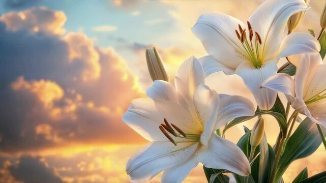 Funeral Mockup Background with Empty Text Space, Sunset Sky, and Lilies