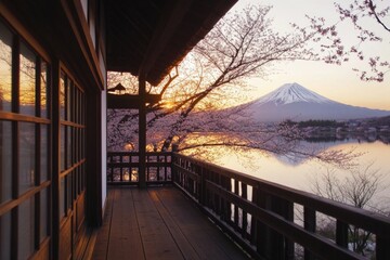 A serene landscape with a mountain range and a calm lake at sunset