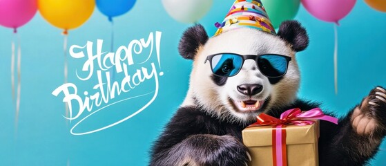 Happy Birthday Panda with Gift and Balloons Celebration Stock Photo