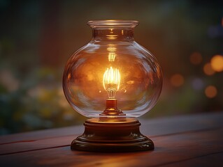 designed transparent glass oil lamp with a brass base standing on a wooden surface, flame casting a warm glow, showcased in a sleek, hyperreal, and versatile generative design with tactile