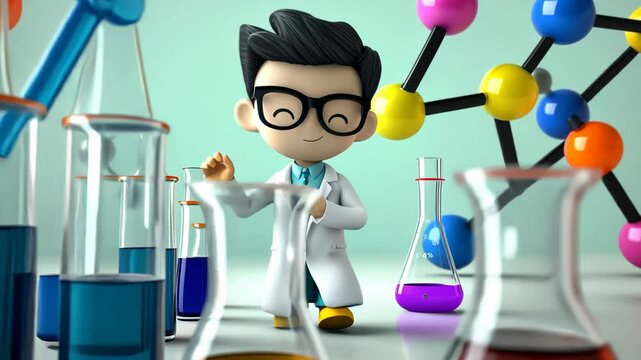 Playful Cartoon Scientist in a Colorful Laboratory Conducting Fun Chemistry Experiments