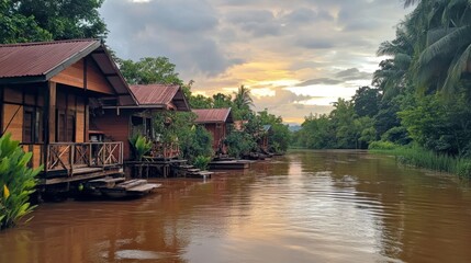 Fototapeta premium Wooden Cabins on a River at Sunset