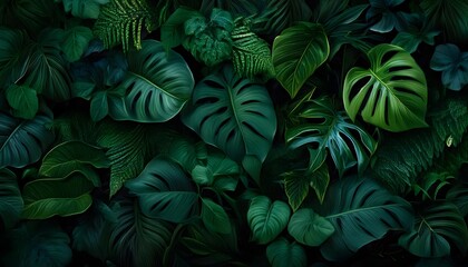 Fototapeta premium Tropical plants wall on a dark background. Green tropical leaves wallpaper made of anthurium, epiphytes and monstera