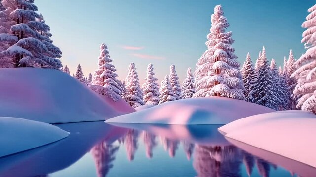 Winter Wonderland Scenic Landscape with Snowy Trees and Frozen Mountains